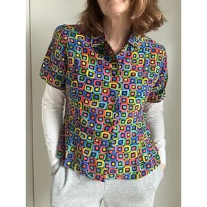 Vintage 80s Silk blouse Womens Size Large Multi Colored  100% Silk Statement